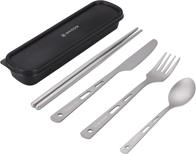 Pure Titanium Utility Cutlery Set with Case (5 Pcs) | Portable Tableware Titanium Utensil Set , Table Spoon Fork Chopsticks Knife set for Outdoor Travel Camping Backpacking