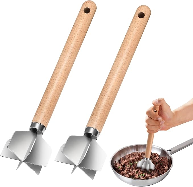 11 inch Stainless Steel Meat masher with 6 Blades, Metal Potato Masher, Ground Beef chopper tool, Suitable For Making Ground meat, Mashed potatoes, Jam and more（two pack)