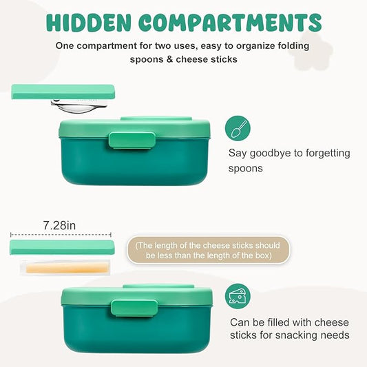 Bento Lunch Box with 12oz Soup Thermo,4 Compartments Lunch Box Containers, Spoon&Sauce Jar, BPA Free&Leak proof,Insulated Food Jar for Travel (Green)