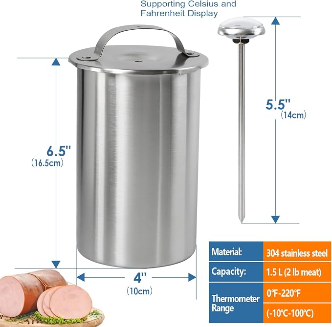 Stainless Steel Ham Maker Meat Press Cooker for Making Healthy Homemade Deli Meat with Thermometer - Kitchen Bacon Pressure Cookers Boiler Pot Pan Stove