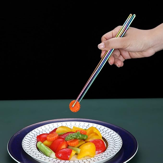 10 Pairs Reusable Chopsticks, Titanium Rainbow Plating Stainless Steel Metal Chop Sticks, Japanese Chinese Korean Chopstick Dishwasher Safe, 8.9 Inch (Coloful / Chop sticks)