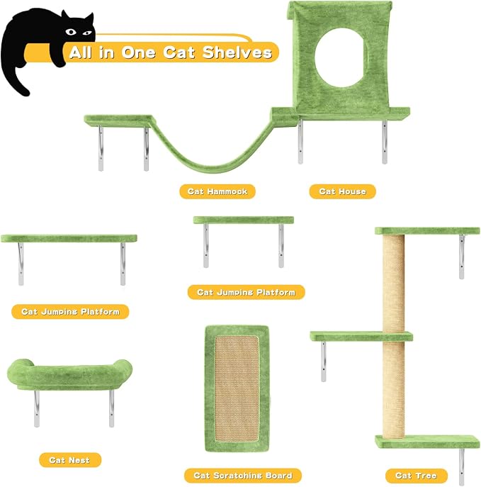 12-in-1 Cat Wall Shelves, Luxury Wall-Mounted Cat Climber Set with Condos House, Scratching Post, Bridge Ladder, Indoor Space-Saving Furniture for Kittens, Green
