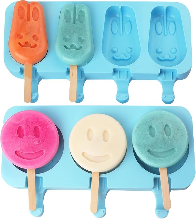 Popsicle Silicone Molds, Homemade Ice Cream 7-Cavity Cartoon Bunny Cake Decorating Fondant Molds 2Pcs, BPA Free and Reusable Cute Bunny Popsicle Molds with 50 Wooden Sticks