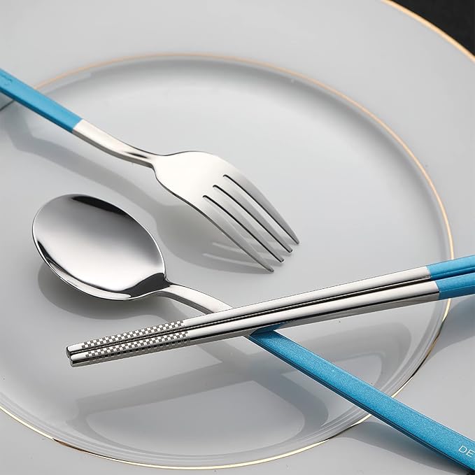 DEVICO Travel Utensils With Case, 18/8 Stainless Steel Camping Utensils, Reusable Portable Silverware Cutlery Set For Lunch Box, Include Fork Spoon Chopsticks (Light Blue)