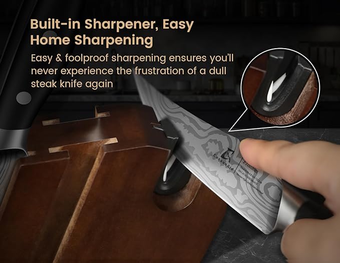 Steak Knives Set of 8 with Block Built-in Sharpener, 4.8 Inch Non Serrated Razor-Sharp Durable Dinner Knives, German Stainless Steel Damascus Pattern Full Tang Forged, Easy to Maintain
