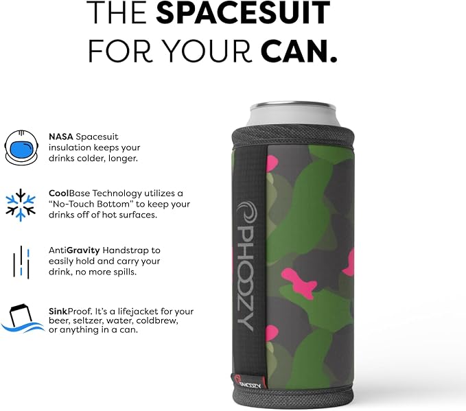 PHOOZY Insulated Can Cooler for Slim 12 oz Cans - Patented Drink Sleeve with NASA-Inspired Technology - Keeps Beer, Soda & Sparkling Water Cold Longer - Lightweight Outdoor Can Holder - Pink Camo