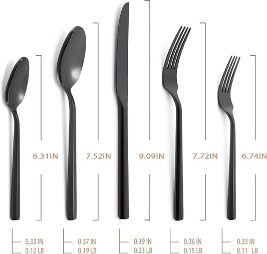 Hand Forged Stainless Steel Flatware Set Silverware Set Cutlery Set Hexagon Handle Black Mirror Finished 20 Pieces Service for 4
