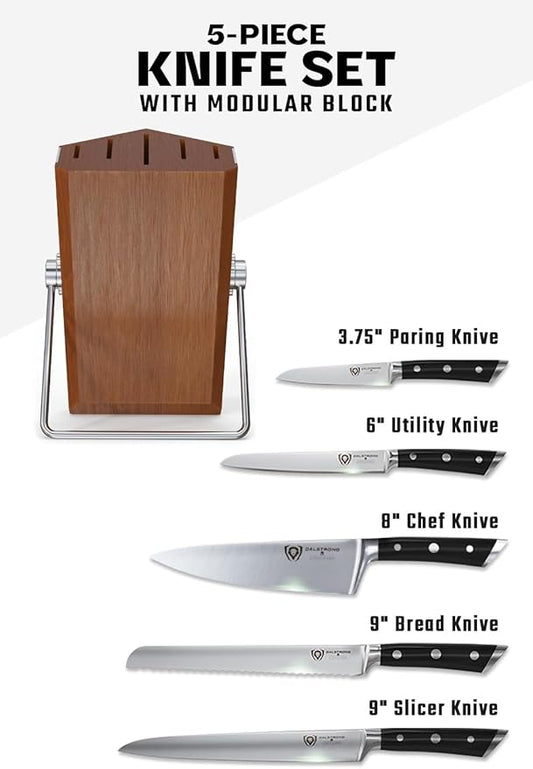 Dalstrong Knife Block Set - 5 Piece - Gladiator Series - with Modular, Multi-Level Block - German High Carbon Steel - Premium ABS Black Handles - NSF Certified