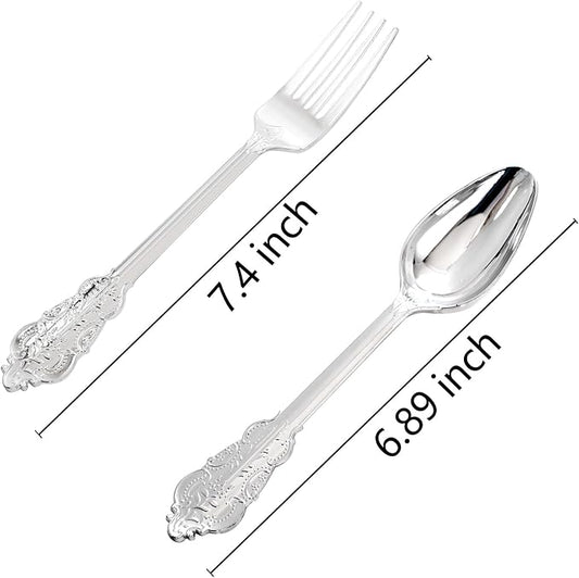 BUCLA 200PCS Silver Plastic Forks and Spoons - Plastic Silverware Baroque - Disposable Silverware Heavy Duty - 100PCS Silver Forks and 100PCS Spoons for Weddings, Christmas and Party