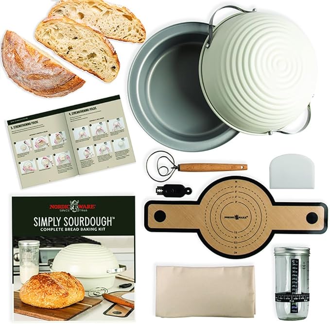 Nordic Ware Simply Sourdough™ Complete Bread Baking Kit BAKING PAN INCLUDED, Dual use Banneton lid, 22pg Guide book w/Recipes, Danish Whisk, Starter Jar, Cutter, Lifting Mat, Scraper, Cotton Liner