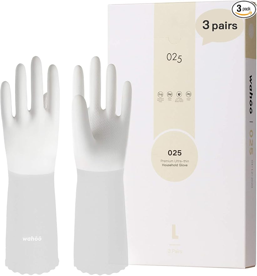 LANON 3 Pairs wahoo Skin-Friendly Cleaning Gloves, Unlined Dishwashing Kitchen Gloves, Reusable, Non-Slip, Brilliant White, Medium