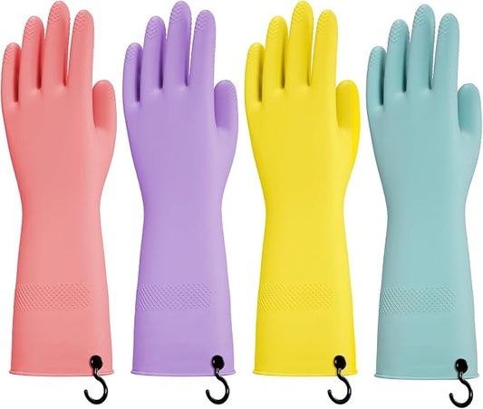 Dishwashing Rubber Gloves for Cleaning – 4 Pairs Kitchen Gloves with Handing Hooks Washing Dishes Household Glove - Large