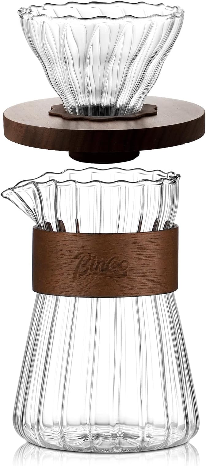 Bincoo Clear Glass Drip Coffee Maker Set - 500ML Glass Coffee Server Coffee Carafe with Walnut Dripper and 50PCS Paper Filter