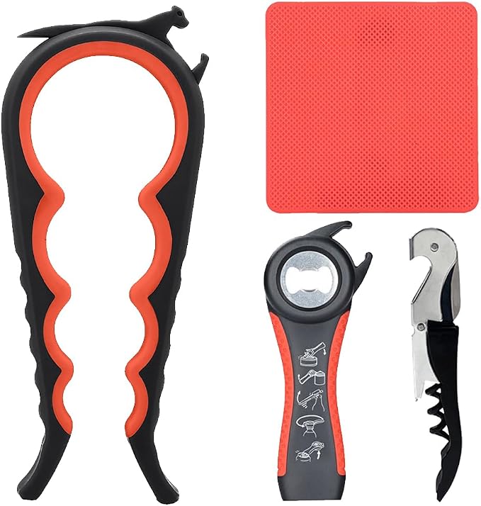 6 in 1 Jar Opener for Weak Hands, Bottle Opener for Seniors with Arthritis | Multi-use Lid Opener Set, Includes Non-slip Rubber Gripper Pad & Wine Opener, Comfortable Grip, Simple Twist-off Operation