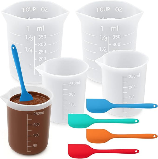 Juome Silicone Chocolate Melting Cup Set with 4PCS Silicone Measuring Cups for Melting Chocolate (250ml, 350ml) & 4PCS Jar Spatulas, Heat-Resistant, Baking Supplies Accessories for DIY Chocolate Molds