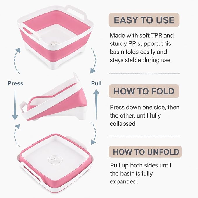 2.4 Gal(9L) Collapsible Dish Basin with Drain Plug, Space Saving Outdoor Multiuse Foldable Sink Tub, Dishpan, Kitchen Storage Tray for Camping, Vegetable Washing, RV (Pink)