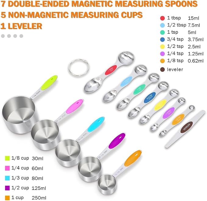 XSNBRD 13-Piece Magnetic Measuring Cups & Spoons Set | Stainless steel with silicone handles. Magnetic nesting for compact storage. Ideal for baking and cooking. Multicolor set.