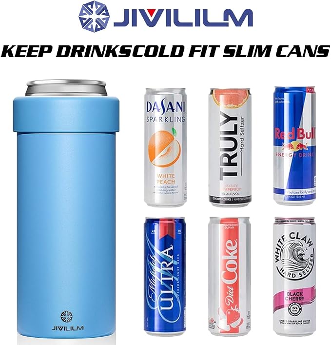12 oz. Slim Can Cooler Insulated (Sky Blue) | Stainless Steel 12oz. Skinny Drink Holder for Soda, Hard Seltzer, Beer and Energy Drinks