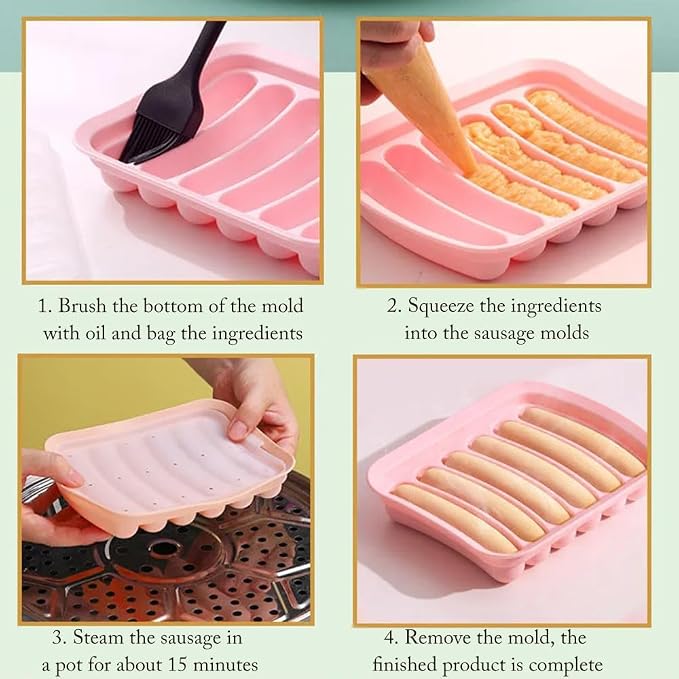 Silicone Sausage Mold, 3 Pcs Hot Dogs Silicone Mold DIY Ham Making Mould Baby Food Supplement Baking Tools, 6 Cavity Sausage Tray(Red)