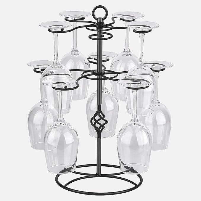 QPIX DIGITAL Wine Glass Rack 2 Tier 10 Holders Wine Glasses Stand, Black Champagne Tower Stand Countertop Tabletop Stemware Rack for Home and Bar Storage,Wine Glass Display Easy Assembly