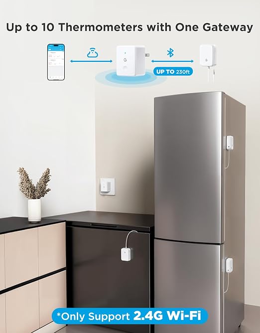 GoveeLife WiFi Refrigerator Thermometer Sensor with Alarm, 1-Pack & Gateway | Monitor fridge/freezer temp remotely with app alerts & buzzer 230ft range. For kitchen/hot tub, only support 2.4G Wi-Fi