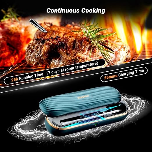 Bluetooth Meat Thermometer with App Remote Control，IP67 Waterproof Wireless Thermoemter for BBQ, Grill, Smoker, Oven, Rotisserie，Ideal for Continuous Cooking, Easy to Clean and Storage