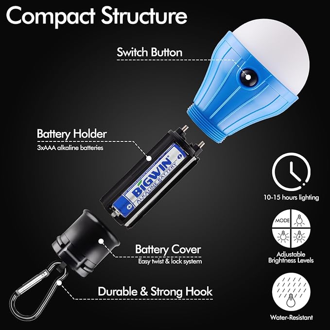 FLY2SKY Tent Lamp Portable LED Tent Lights Blue 4 Packs Hook Hurricane Emergency Lights LED Camping Lights Bulb Camping Tent Lanterns Camping Equipment for Camping Hiking Backpacking Fishing Outage | Battery Powered LED Tent Lights Bulbs Outdoor Campin...