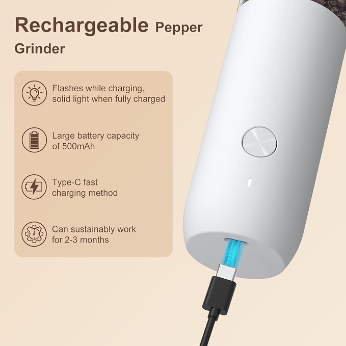 Ultrean Electric Pepper Grinder, Rechargeable Salt and Pepper Grinder with 6 Adjustable Coarseness, LED Light, Automatic Grinder for Kitchen, Kitchen Gadget & Housewarming Gifts, White