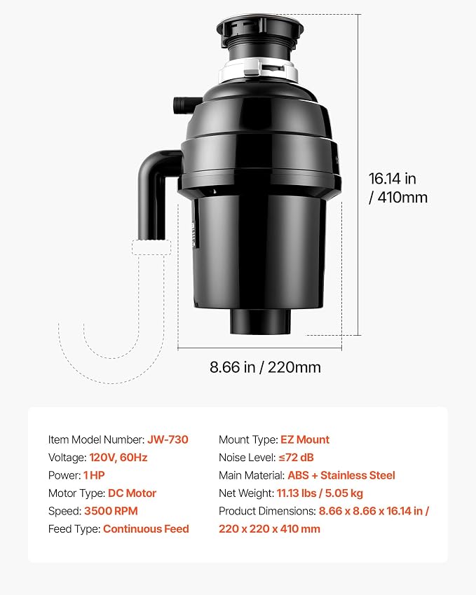 VEVOR Food Waste Garbage Disposal, 1HP 3500RPM DC Motor, Continuous Feed Kitchen Sink Garbage Disposer, EZ Connect Food Waste Grinding System with Sound Reduction & Power Cord for Kitchens
