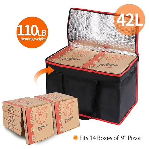 Bodaon Insulated Food Delivery Bag, XX-Large Reusable Grocery Shopping Bags, Picnic Cooler Bag Zipper/Zippered Top Cold, Black with Red Edge, 1-Pack | Reusable Grocery Shopping Bags, Picnic Cooler Bag, Zipper/Zippered Top Cold, Commercial Catering Pizz...