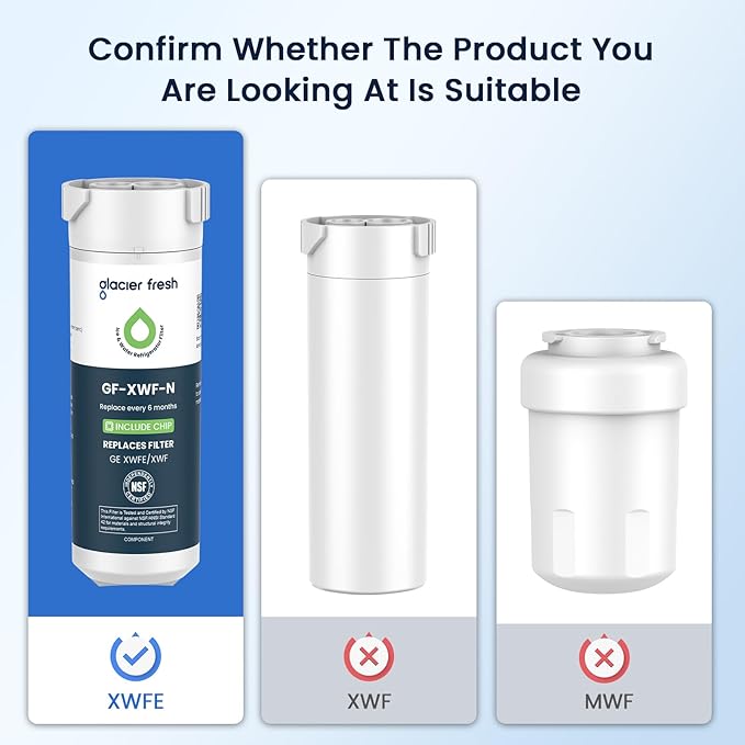 GLACIER FRESH XWFE (Built-in CHIP) Refrigerator Water Filter Pack of 1 | Replacement for GE XWFE, XWF Refrigerator Water Filter NSF/ANSI 42 Certification