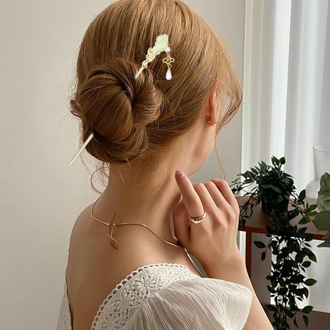 6PCS Chinese Hair Sticks Set, Gold White Japanese Hair Stick with Pearl Flower Bamboo Leaves Design Metal Hair Chopsticks Hair Bun Updo Holders Long Thick Hair Accessories for Women