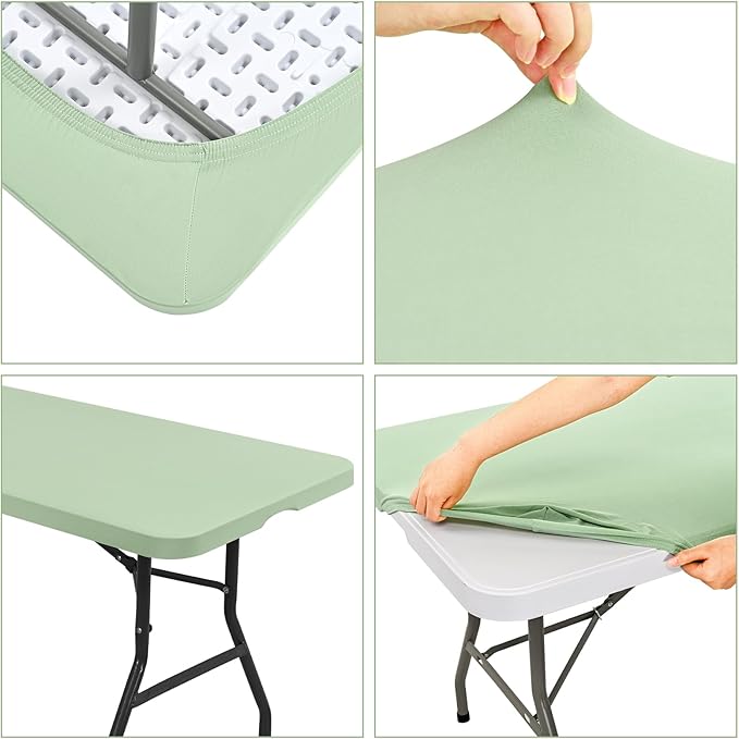 10 Pack Fitted Tablecloth for 8 Foot Rectangle Tables, Sage Green Elastic Outdoor Picnic Table Cover, Washable Stretch Folding Table Cloths 8 ft for Camping Party Patio Kitchen Banquet, 30" W x 96" L
