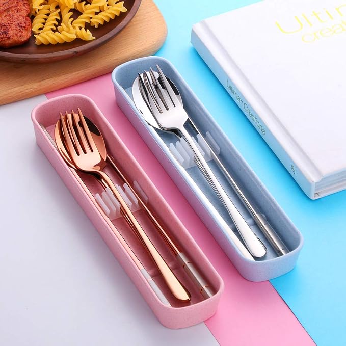 3 Piece Portable Flatware Set, Chopsticks, Fork and Spoon with Travel Case, Rose Gold