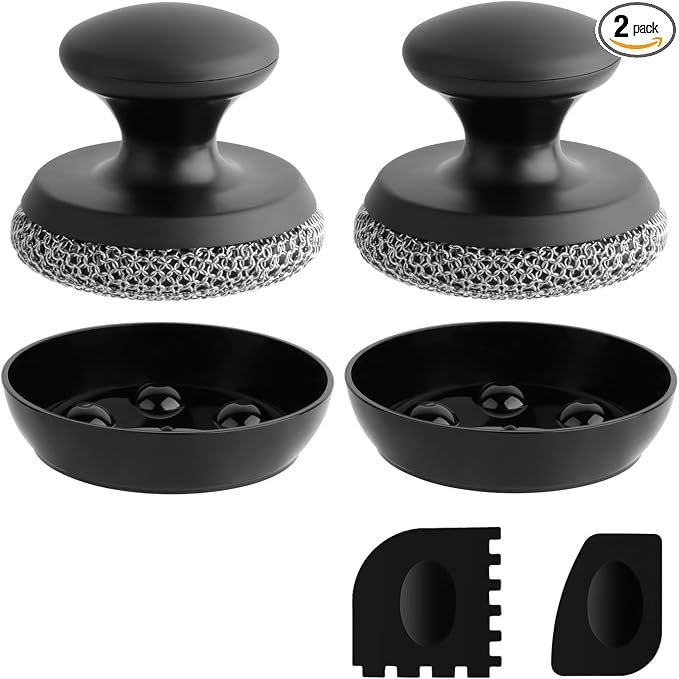 2PCS Cast Iron Scrubber Cleaner, Chainmail Scrubber for Cast Iron Pan Skillet, Dish Scouring Pad, 316 Stainless Steel Brush/Scraper for Metal Skillet Scrubbing, Wok, Dutch Oven Cleaning Kit - Thin