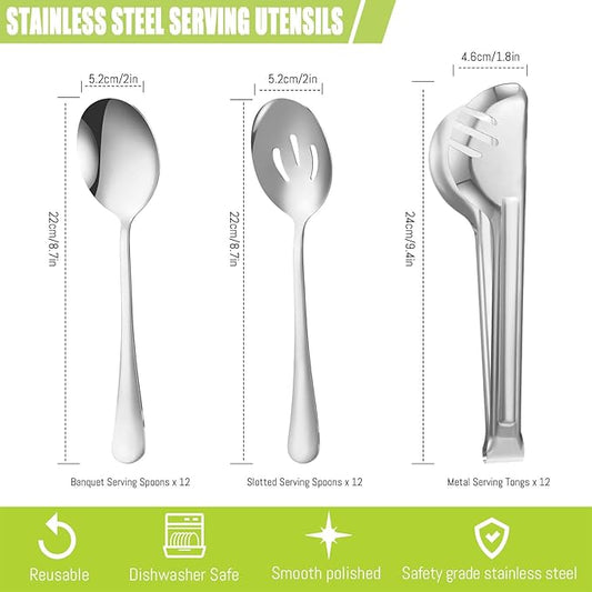 Sabary 36 Pcs Stainless Steel Serving Utensils for Buffet Parties Including 12 Serving Spoons 12 Slotted Spoons 12 Serving Tongs Large Metal Flatware Set for Tanksgiving Catering Banquet(Silver)