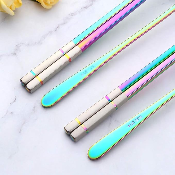 Buyer Star 4 Set Rainbow Square Chopsticks and Spoons Set Metal Stainless Steel Spoons Chopsticks Set