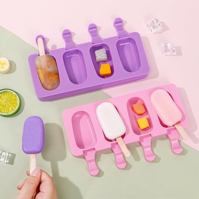 Ouddy Life Popsicle Molds Set of 2, Ice Pop Molds Silicone 4 Cavities Ice Cream Oval Cake Pop Mold with 50 Wooden Sticks for DIY Popsicle, Purple Pink