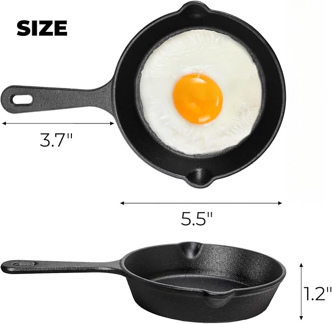 Hiceeden 4 Pack Small Cast Iron Skillet, 5-1/2 Inch Frying Pans with Double Drip-Spouts for Stove, Oven, Grill Safe, Indoor and Outdoor Use, Non-stick