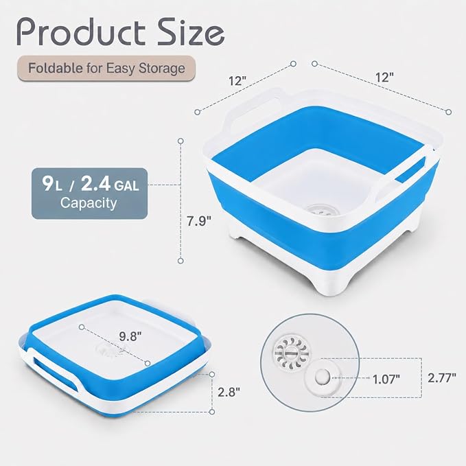 2.4 Gal(9L) Collapsible Dish Basin with Drain Plug, Space Saving Outdoor Multiuse Foldable Sink Tub, Dishpan, Kitchen Storage Tray for Camping, Vegetable Washing, RV (Blue)