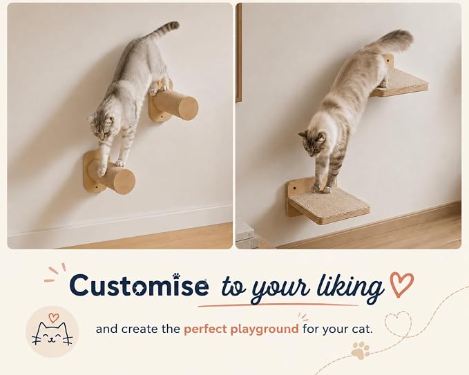 Cat Wall Shelves 6-in-1 Wall Mounted Cat Furniture with Perch & Hammock, Wooden Climbing Shelves with Scratching Post Pad, Space-Saving Climbing Tower for Indoor Cats
