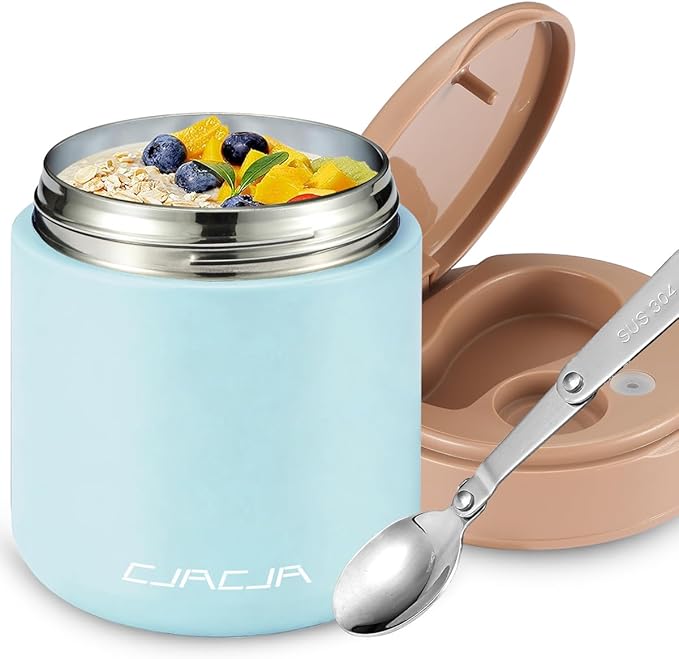 Thermo for Hot Food Kids - 15.2oz with Folding Spoon and Silicone handle | Leak Proof Insulated Food Jar, Soup Thermo, Wide Mouth Insulated Lunch Containers, Dishwasher Safety
