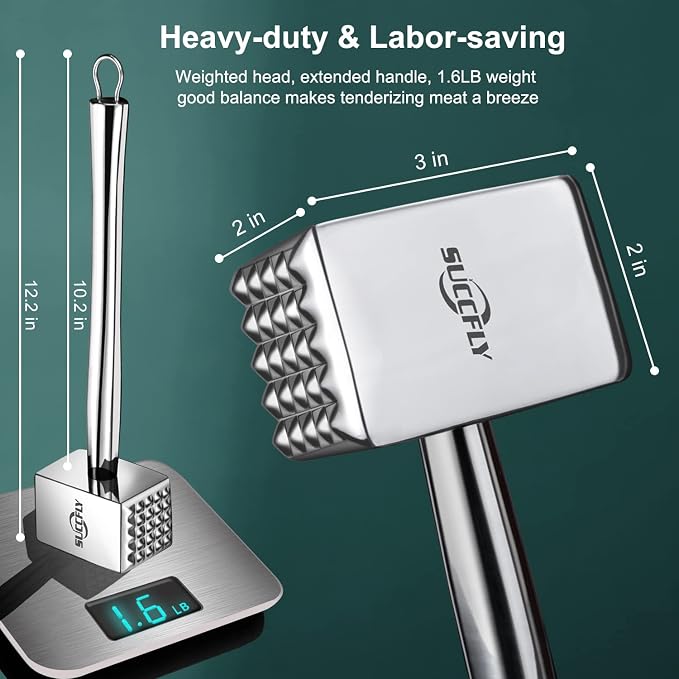 SUCCFLY Stainless Steel Meat Tenderizer Tool, Heavy Duty Meat Mallet 1.65LB | Dual-Sided Weighted Meat Pounder Hammer with Extended handle, Effortless Tenderizing Chicken Steak Poultry, Dishwasher Safe
