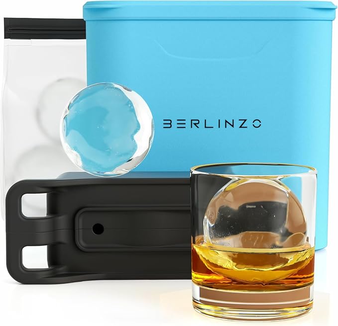 Berlinzo Ice Ball Maker Mold - 2 Clear 2.4in Whiskey Spheres, Non-Electric | Silicone, BPA-free, whiskey and bourbon, slow-melt, easy release, 2-count, storage bag included