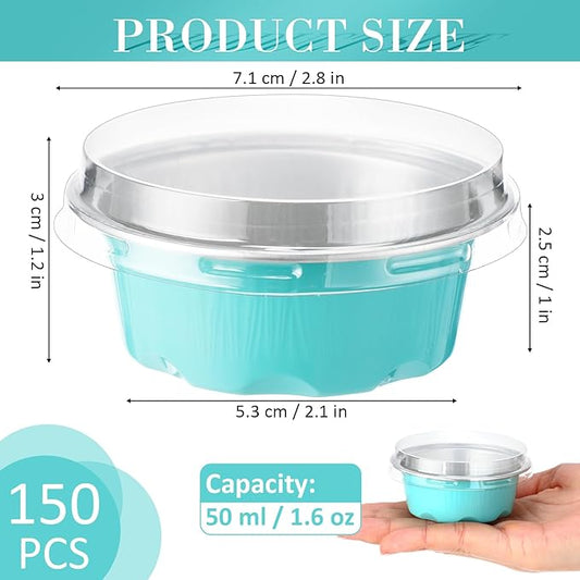 Eaasty 150 Pcs Baking Cups with Lids, 1.6 oz Muffin Cupcake Liners Aluminum Foil Mini Cake Pans Small Disposable Ramekin Flan Containers with Lids for Christmas, Birthday, Various Holiday (Light Blue)