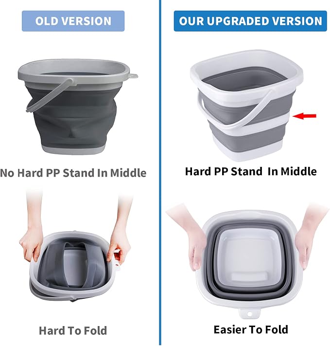 2 Pack Collapsible Buckets 5L 1.3Gallon Small Cleaning Bucket for Household Portable Plastic Bucket Outdoor Car Washing Tub Foldable Camping Beach Sand Water Pot Pail Space Saving Square Grey