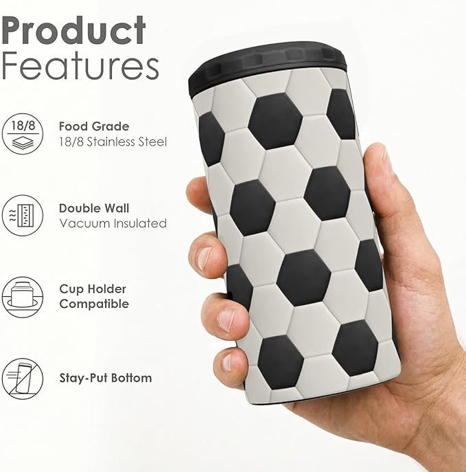 Soccer Can Cooler 12oz - Travel Mug Cups - Stainless Steel Insulated for Players Men Brother Buddy - Tumbler Cans Koozie, Sport Gift for Birthday, Christmas