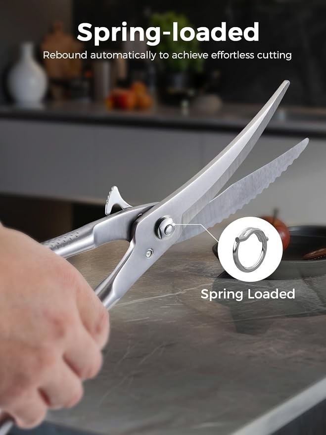 Poultry Shears, Full Steel Bone Cutting Scissors for Chicken & Turkey | Safety lock and ergonomic grip for steadier cutting; dishwasher safe with fish scaler