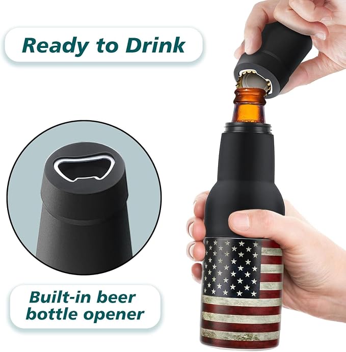 Stepstall 14 oz. Beer Bottle and Can Cooler with Beer Opener,3 in 1 Slim Can Beer Bottle Insulators Holder, Stainless Steel Double Walled Insulated Can Cooler for Beer,Soda, Flag