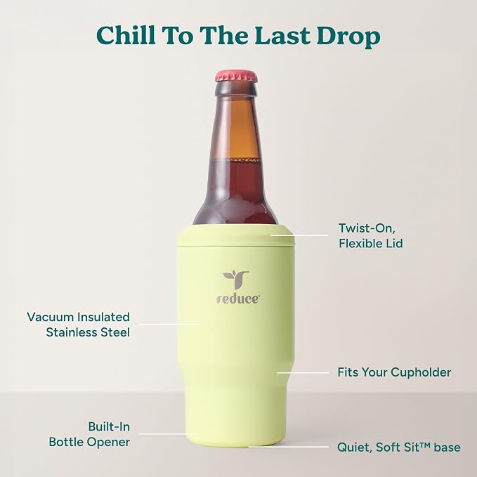 Reduce 4-in-1 Drink Cooler - Versatile Can & Bottle Holder with Vacuum Insulation - Keeps Drinks Cold Up to 4 Hours - Includes Bottle Opener - Fits Cupholders & Dishwasher Safe - 14oz - Lemon Luau
